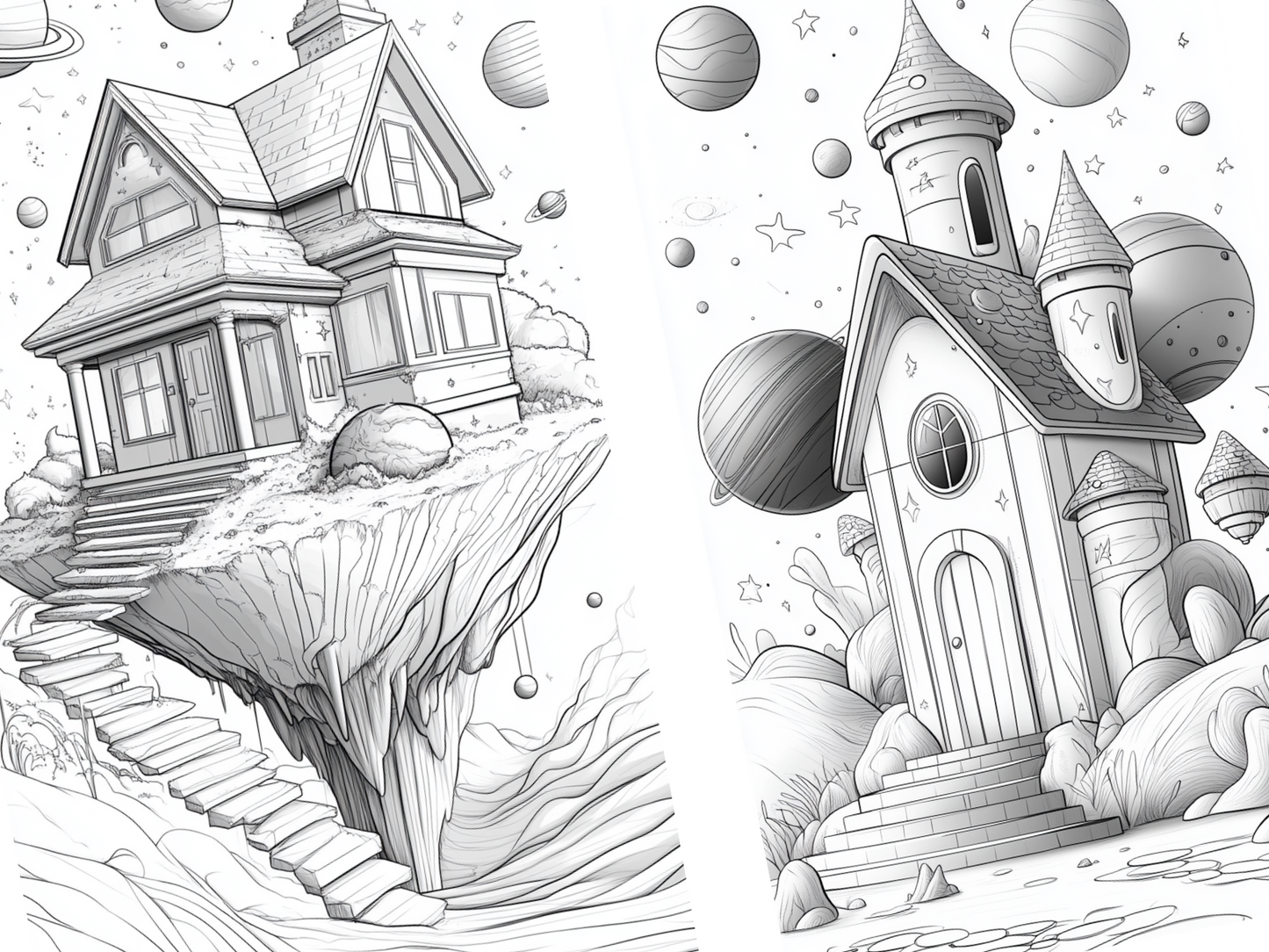 Space House Coloring Page – Printable (A4, Black & White PDF) by Wonder House