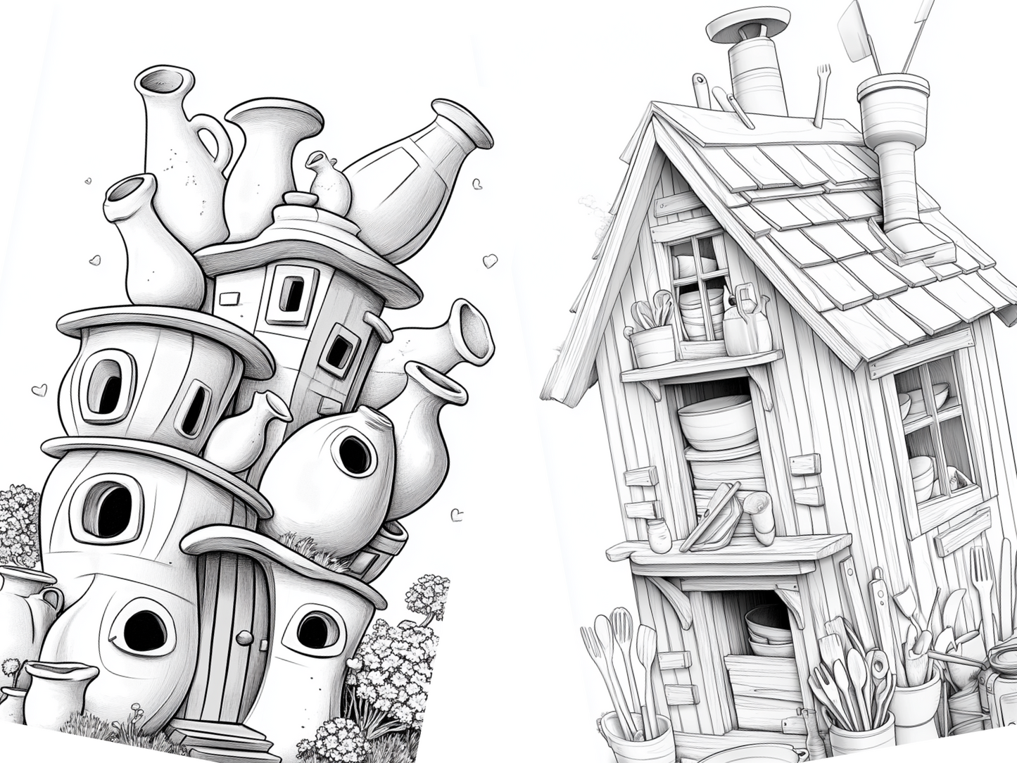 Dishes House Coloring Page – Homes Made from Cups, Plates & Jugs (A4 PDF)