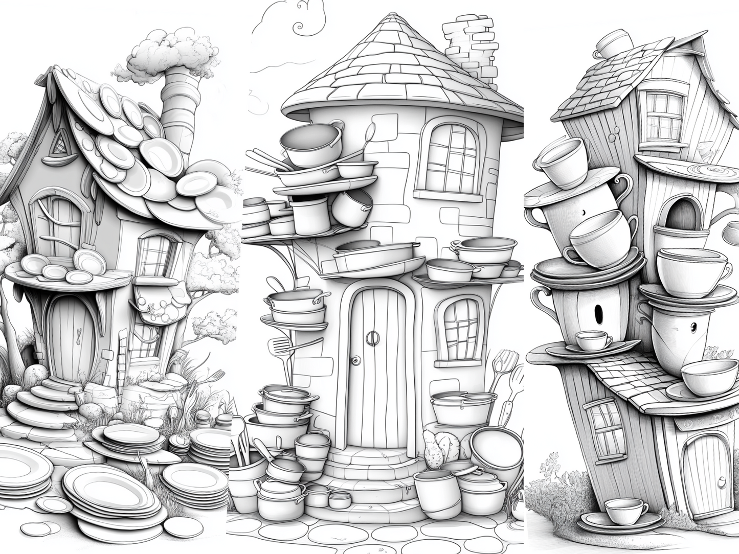 Dishes House Coloring Page – Homes Made from Cups, Plates & Jugs (A4 PDF)