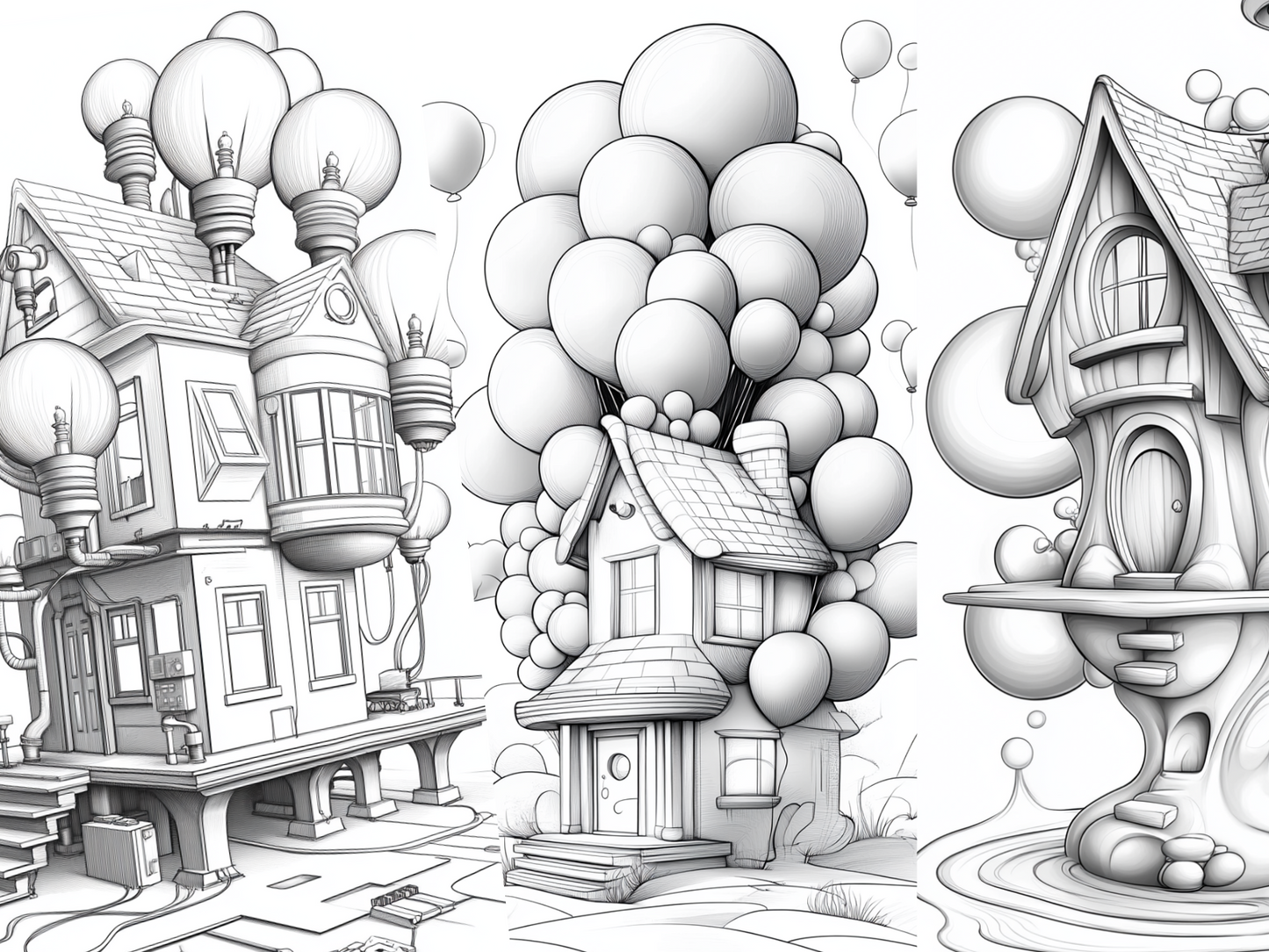 Cute House Coloring Page – Printable Bubbles, Spools & Balloons (A4, Black & White PDF)|Wonder House