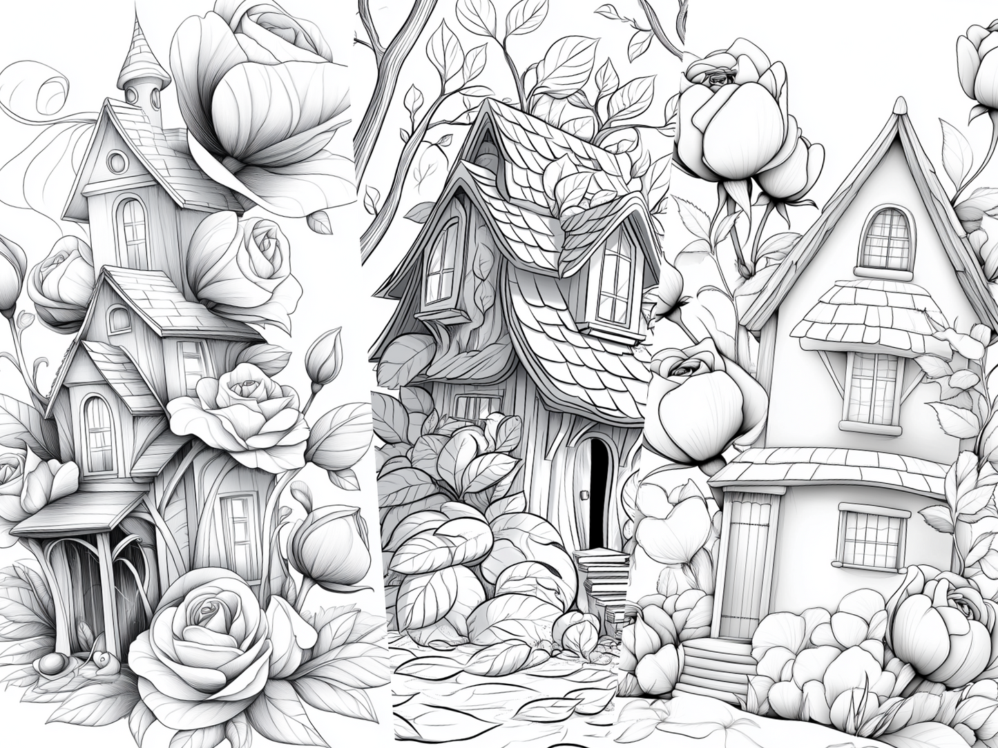 Nature House Coloring Page – Roses, Greenhouses, Leaves & Snowdrops (A4 PDF)|Wonder House