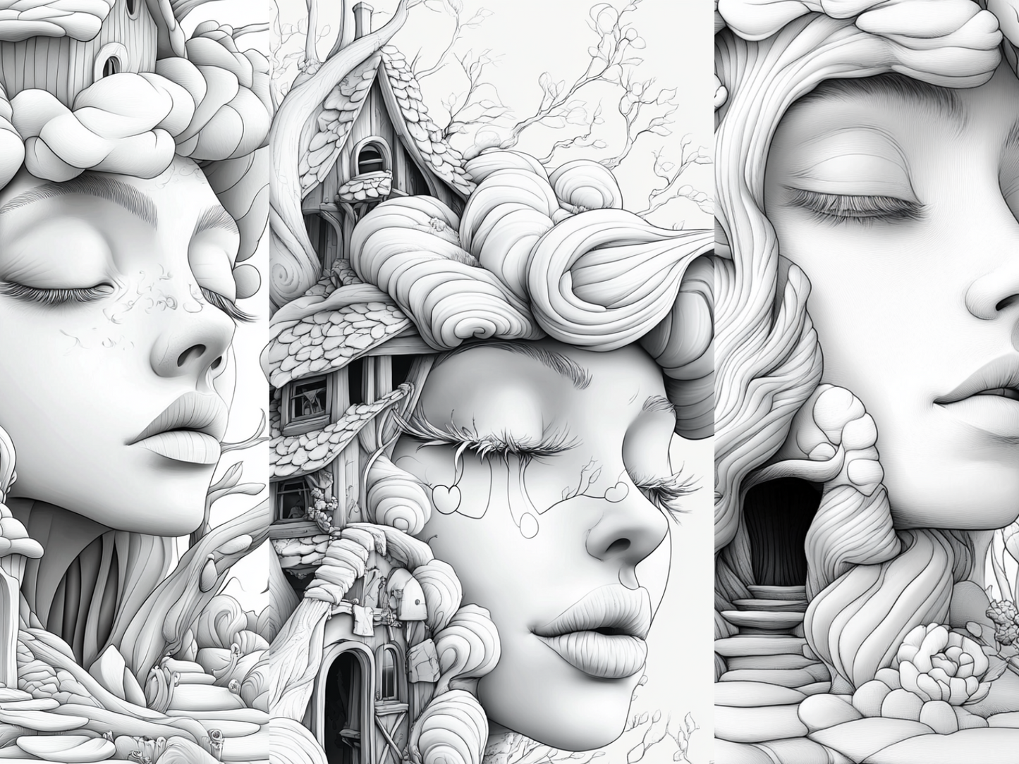 Faces House Coloring Page – Printable Coloring Page with Female Portraits (A4, Black & White)