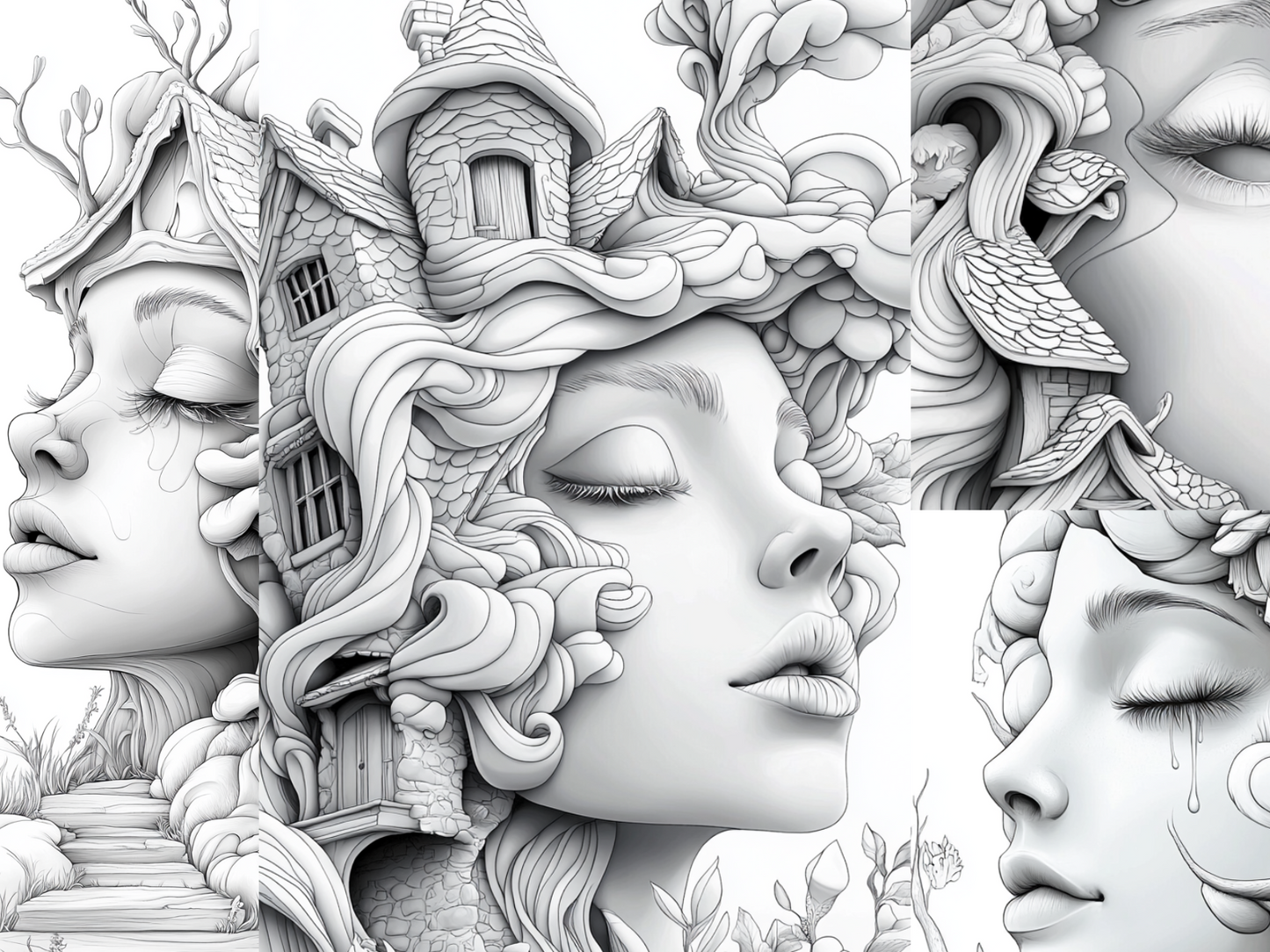 Faces House Coloring Page – Printable Coloring Page with Female Portraits (A4, Black & White)