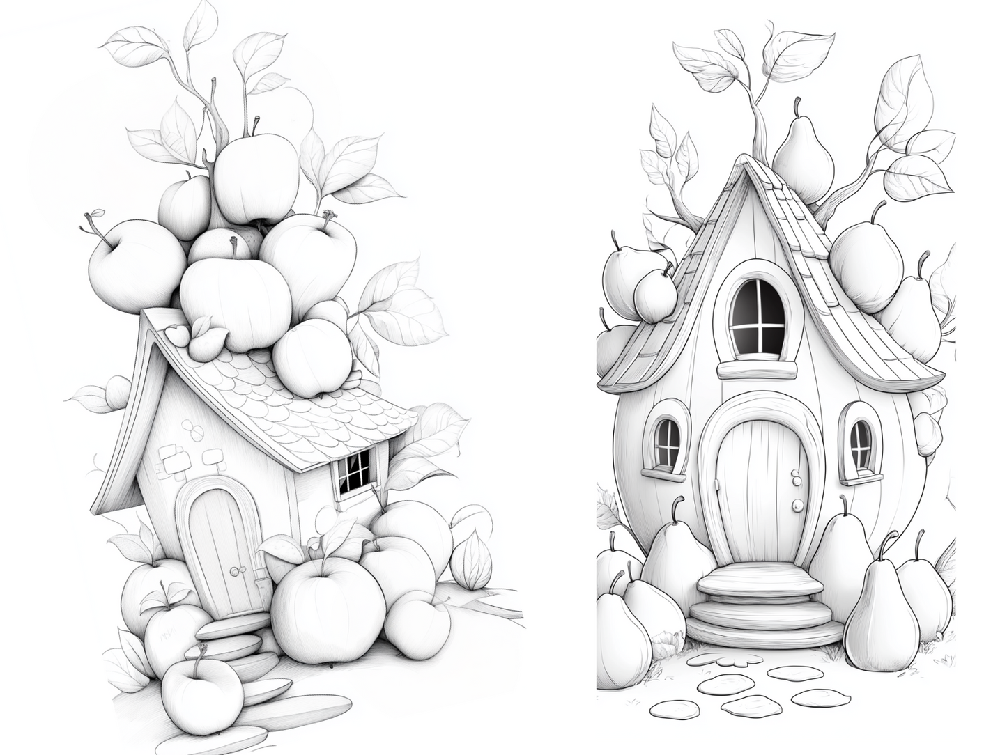 Fruit and Berry House Coloring Page  – Printable (A4, Black & White PDF) by Wonder House