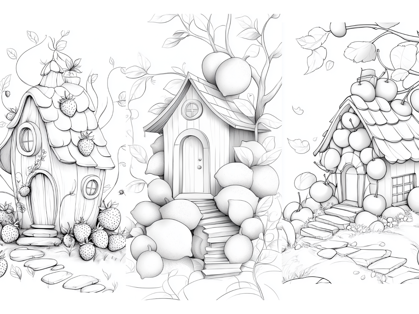 Fruit and Berry House Coloring Page  – Printable (A4, Black & White PDF) by Wonder House