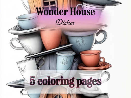 Dishes House Coloring Page – Homes Made from Cups, Plates & Jugs (A4 PDF)