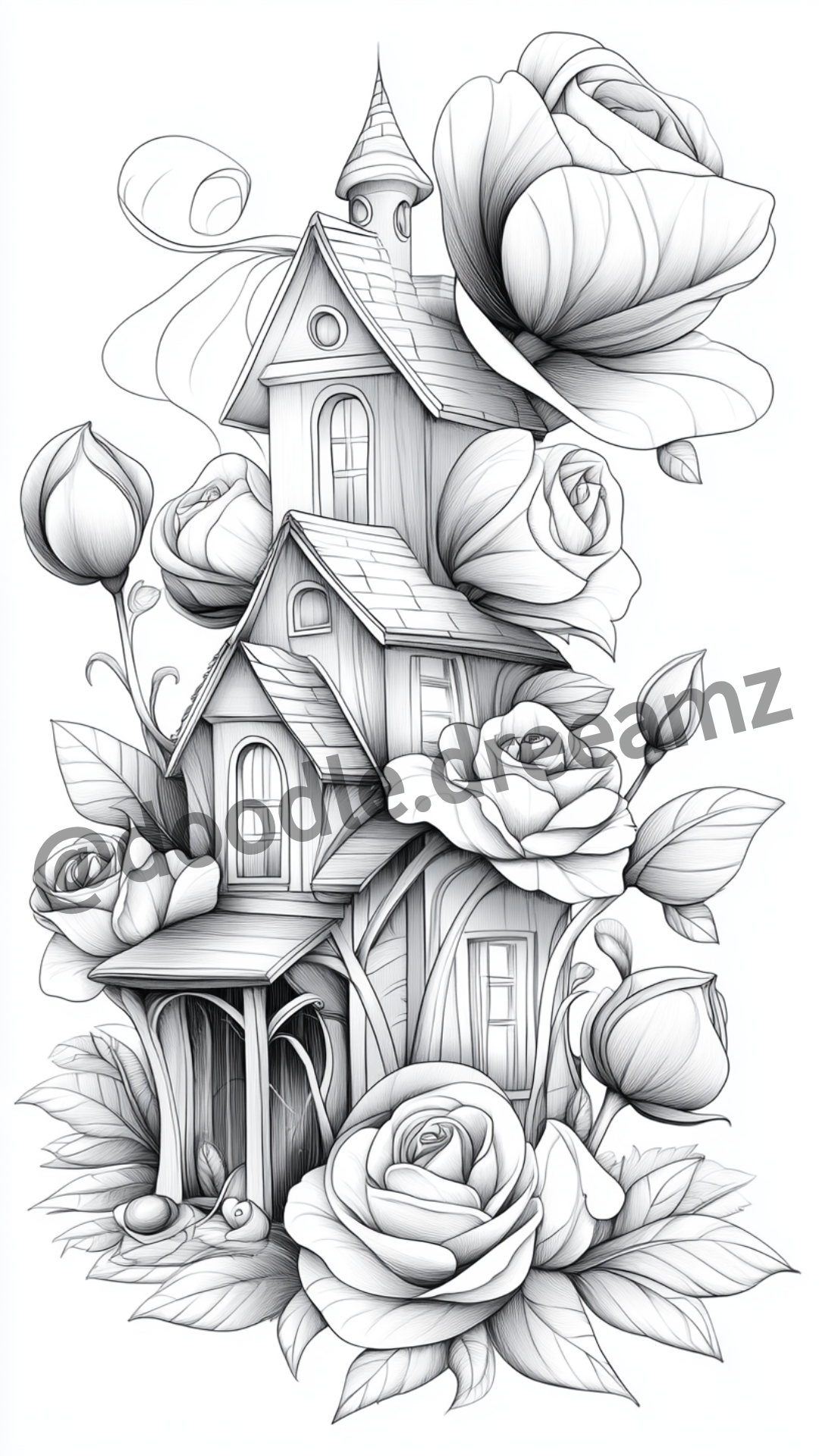 Nature House Coloring Page – Roses, Greenhouses, Leaves & Snowdrops (A4 PDF)|Wonder House