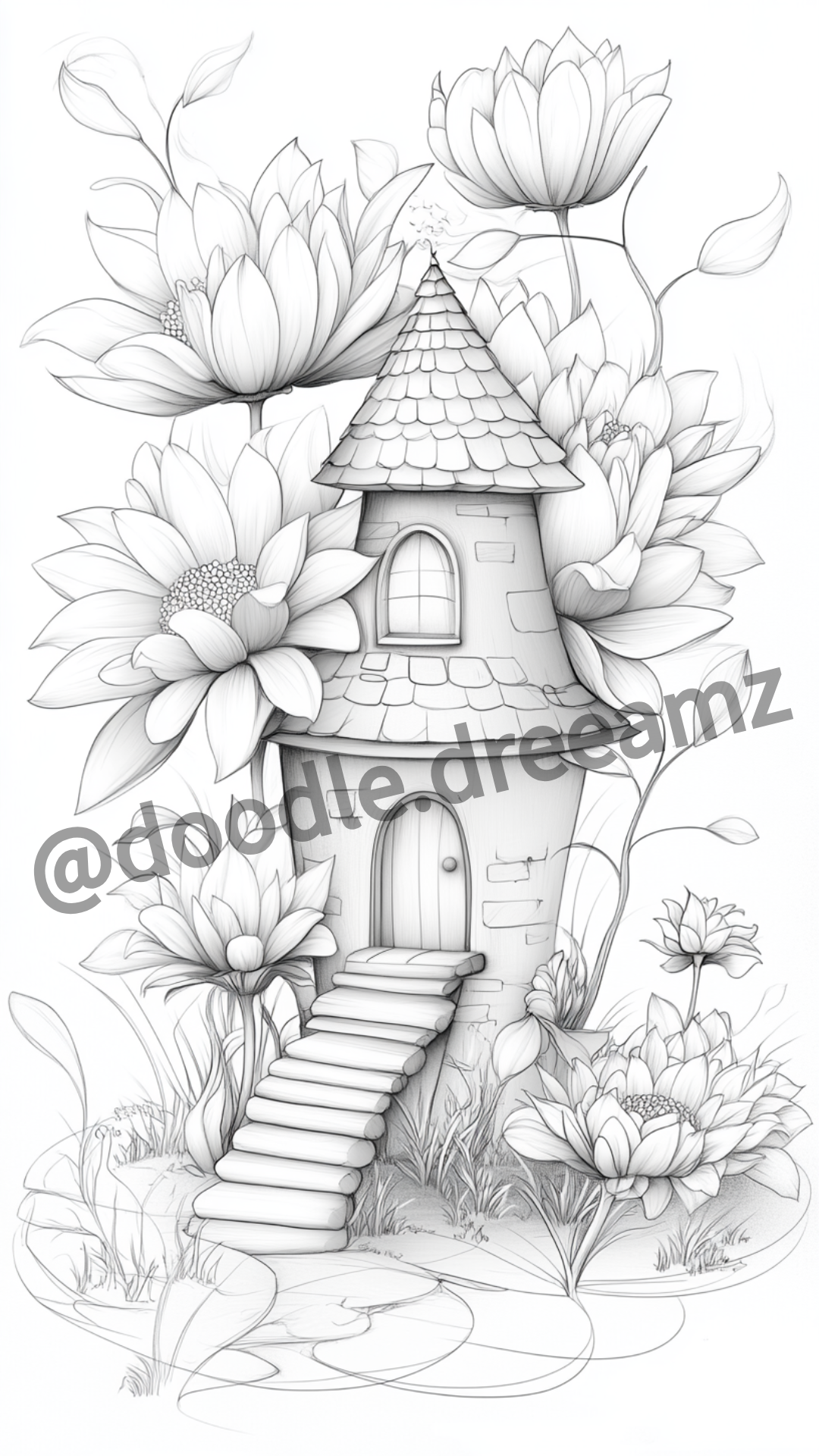 Mini Flowers House Coloring Page  – Printable (A4, Black & White PDF) by Wonder House