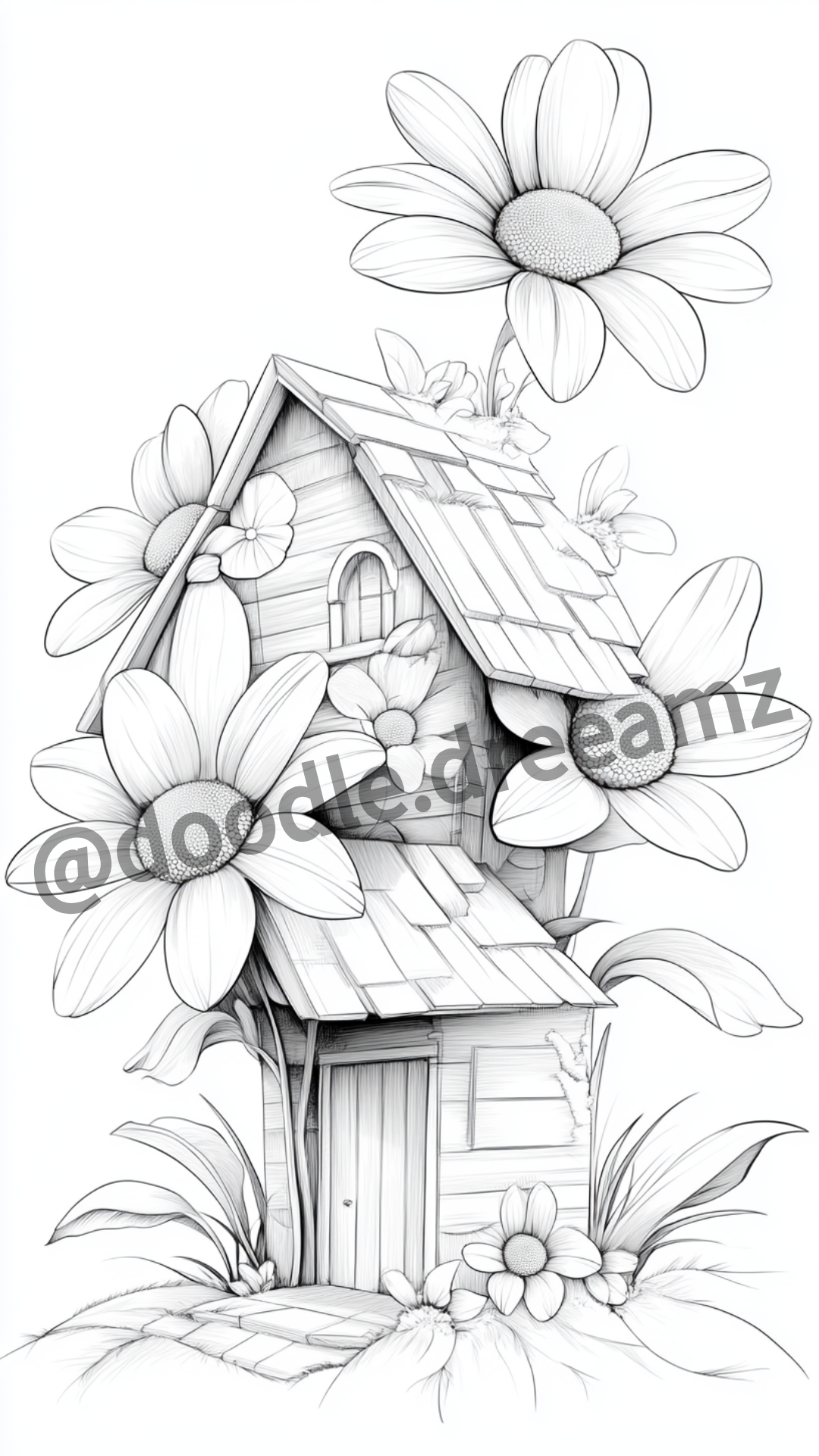 Mini Flowers House Coloring Page  – Printable (A4, Black & White PDF) by Wonder House