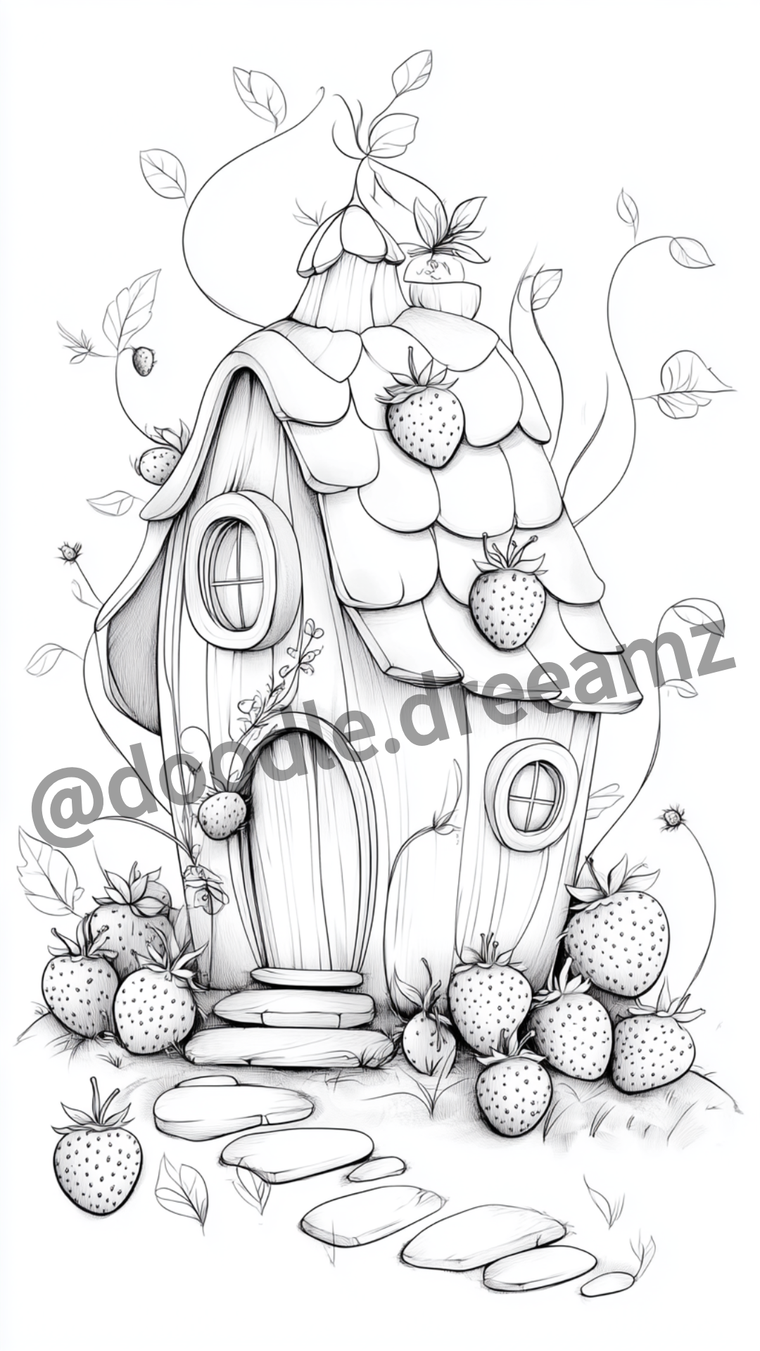 Fruit and Berry House Coloring Page  – Printable (A4, Black & White PDF) by Wonder House