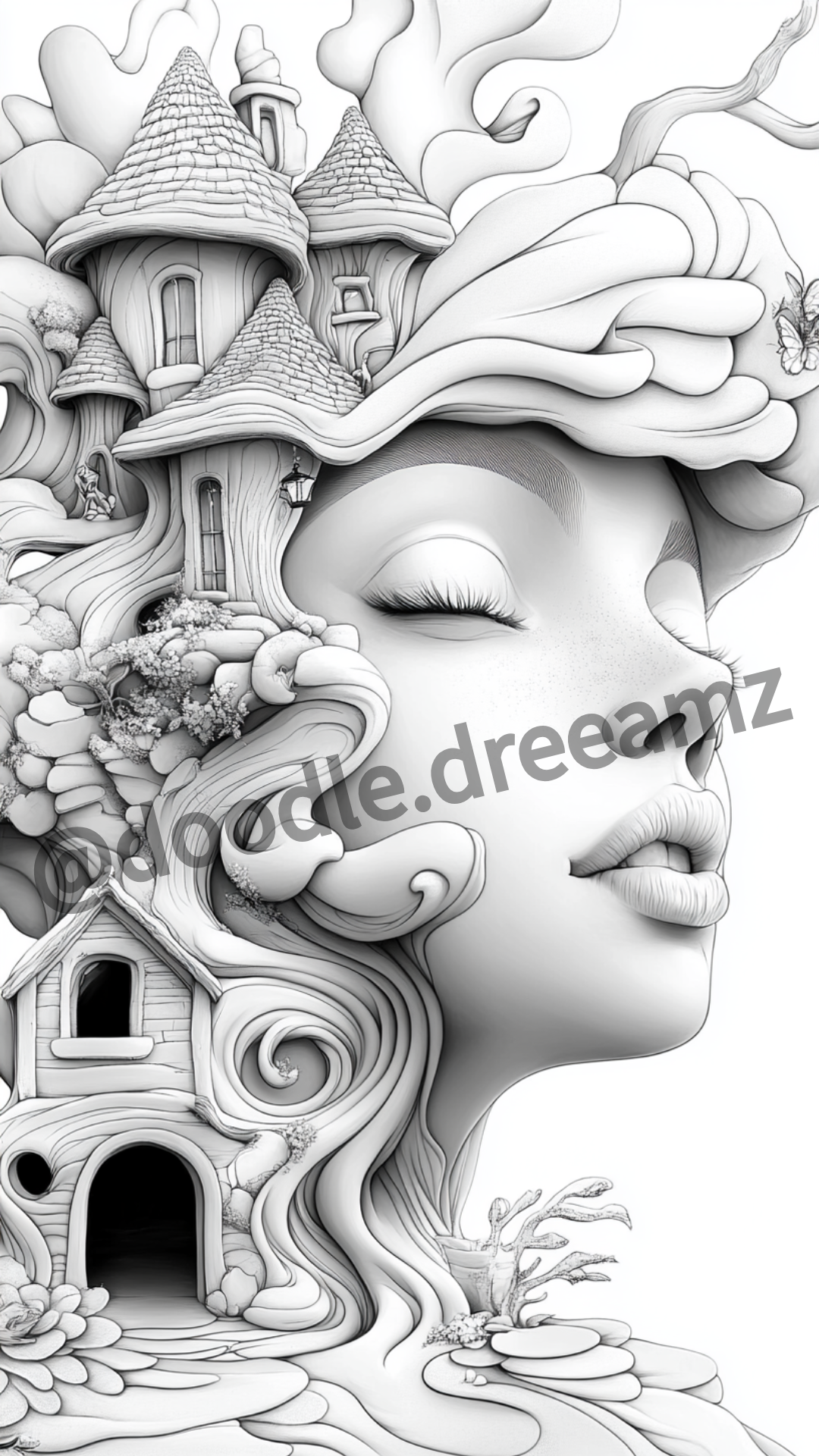 Faces House Coloring Page – Printable Coloring Page with Female Portraits (A4, Black & White)