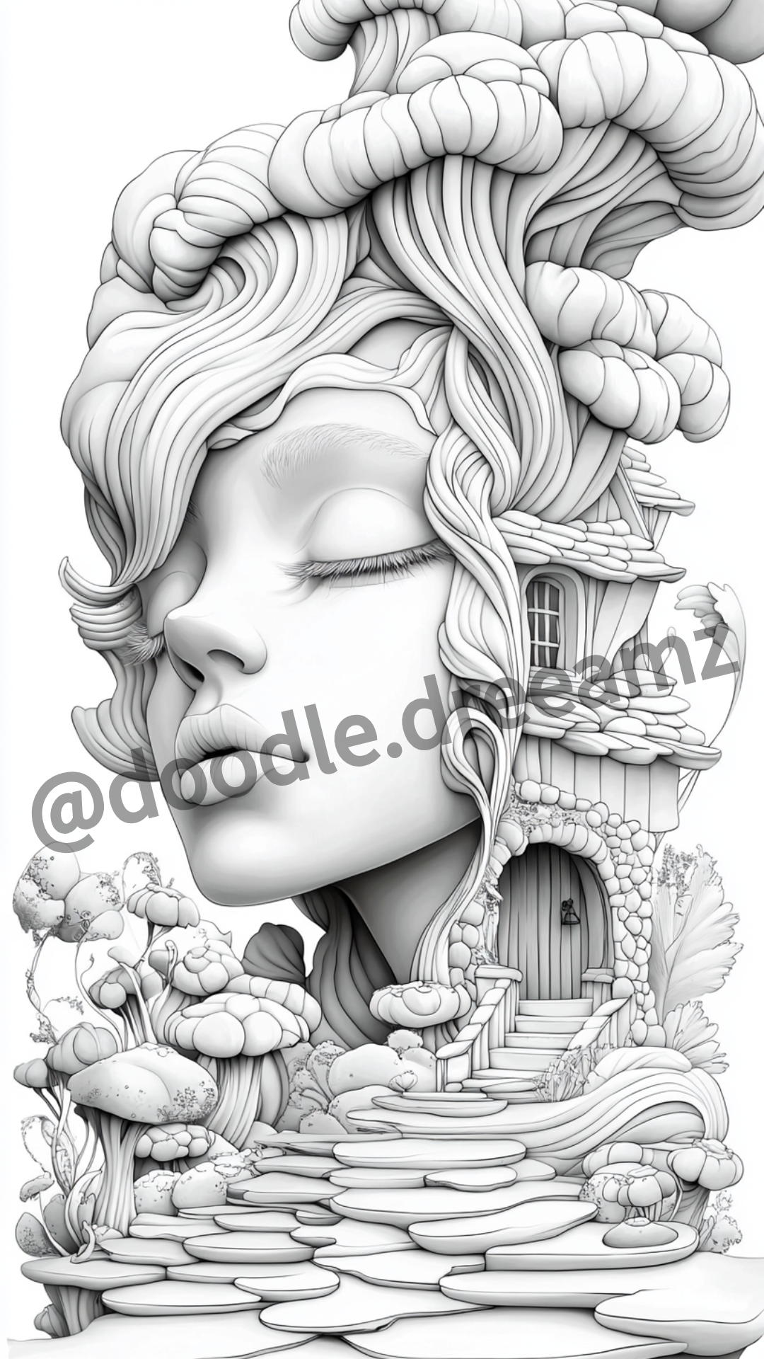 Faces House Coloring Page – Printable Coloring Page with Female Portraits (A4, Black & White)