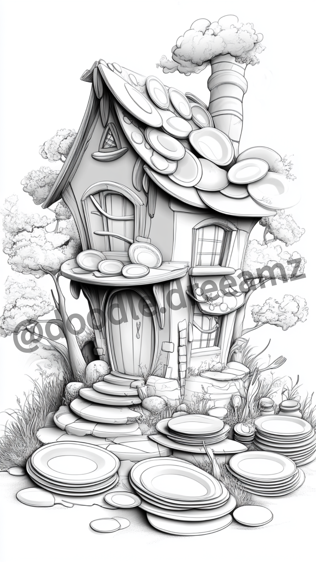 Dishes House Coloring Page – Homes Made from Cups, Plates & Jugs (A4 PDF)
