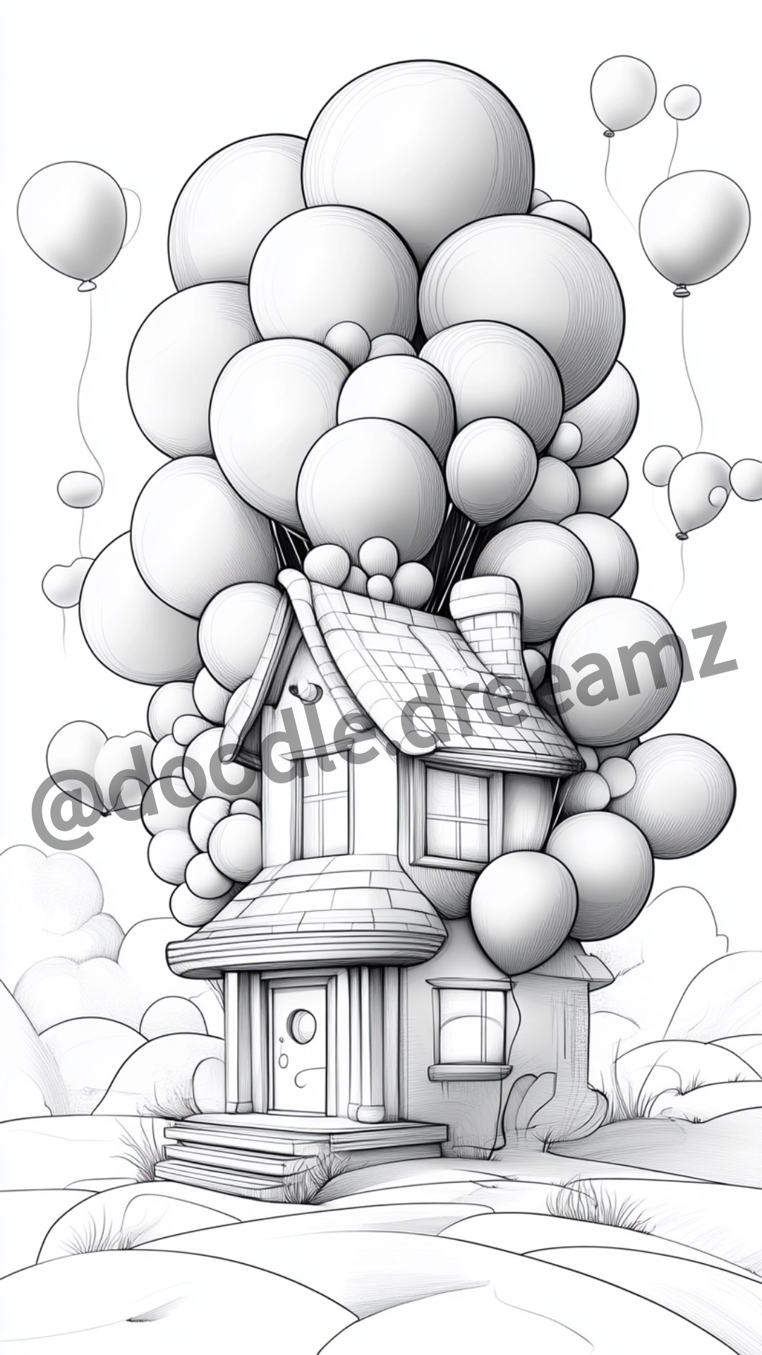 Cute House Coloring Page – Printable Bubbles, Spools & Balloons (A4, Black & White PDF)|Wonder House