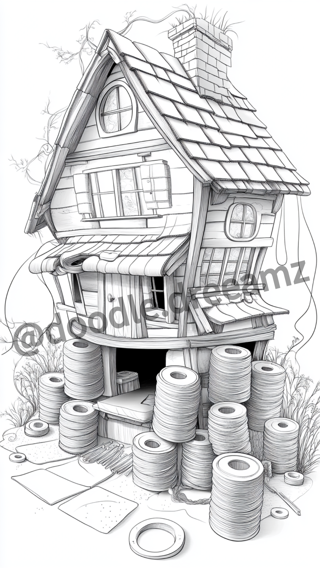 Cute House Coloring Page – Printable Bubbles, Spools & Balloons (A4, Black & White PDF)|Wonder House