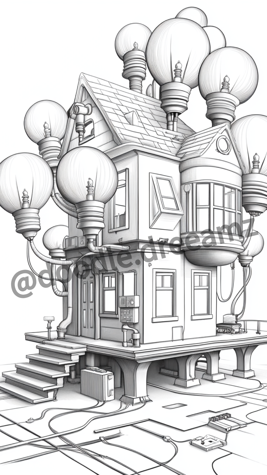 Cute House Coloring Page – Printable Bubbles, Spools & Balloons (A4, Black & White PDF)|Wonder House