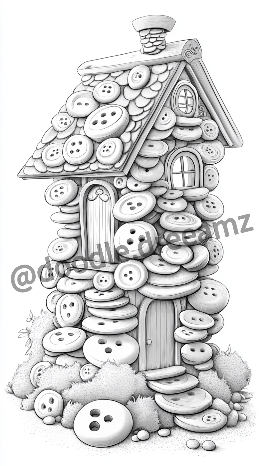 Cute House Coloring Page – Printable Bubbles, Spools & Balloons (A4, Black & White PDF)|Wonder House