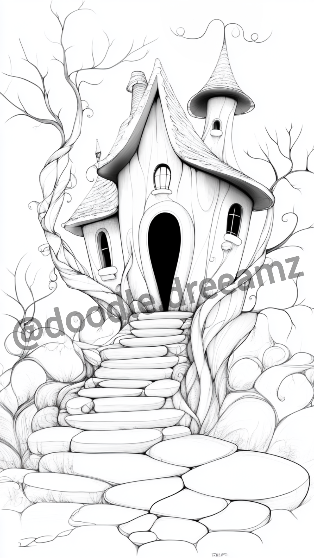 Forest House Coloring Page  – Printable (A4, Black & White PDF) by Wonder House