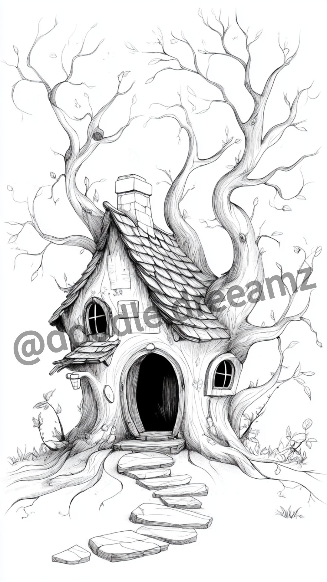 Forest House Coloring Page  – Printable (A4, Black & White PDF) by Wonder House