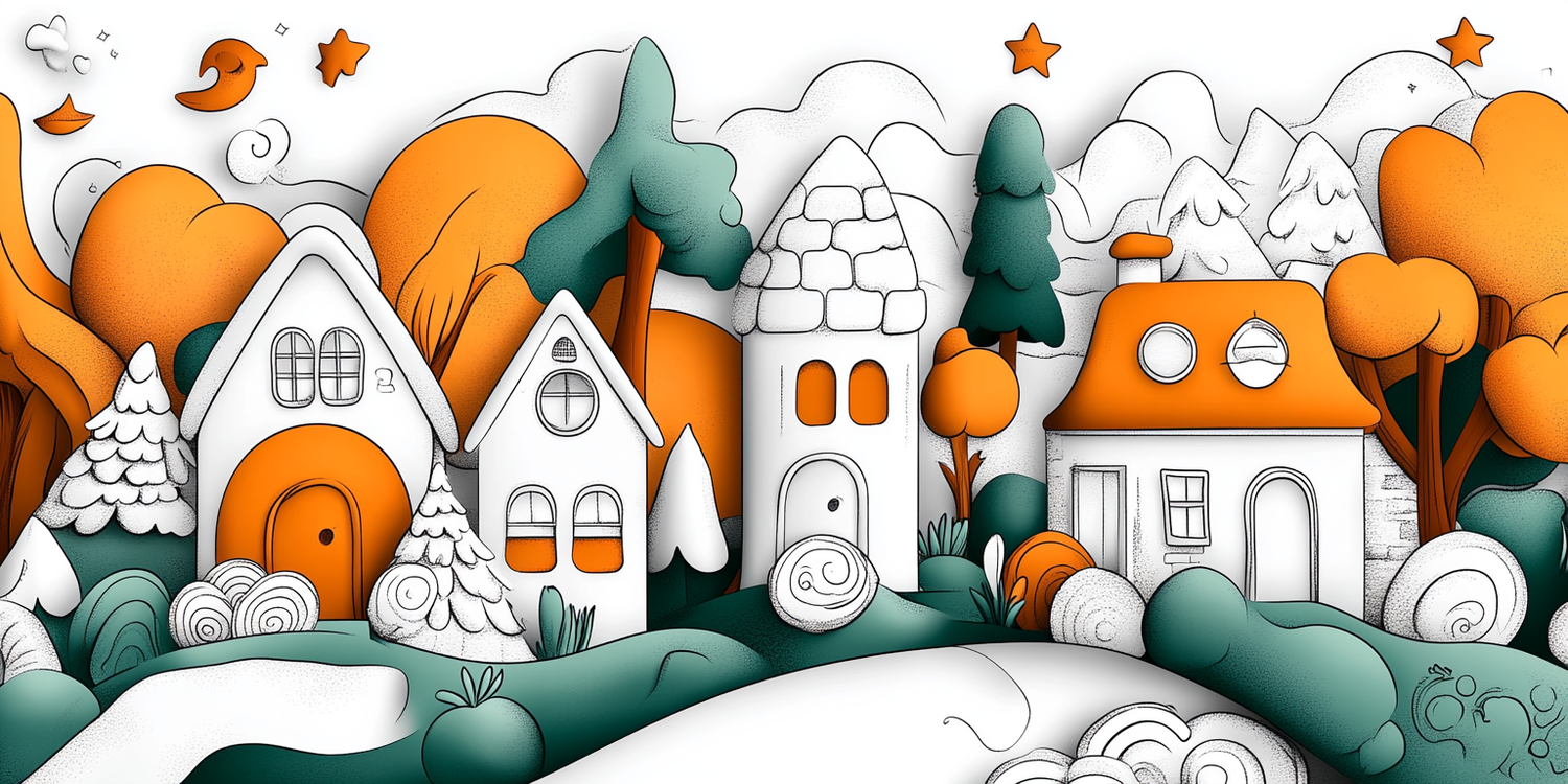 Whimsical illustration of a fantasy house built from black and orange shoes, in black & white coloring page style 