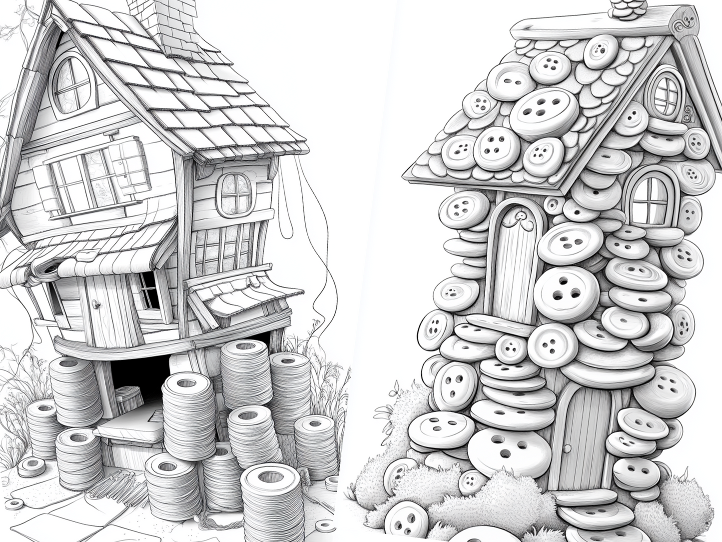 Cute House Coloring Page – Printable Bubbles, Spools & Balloons (A4, Black & White PDF)|Wonder House