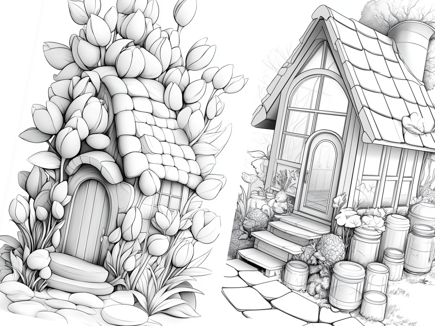 Nature House Coloring Page – Roses, Greenhouses, Leaves & Snowdrops (A4 PDF)|Wonder House