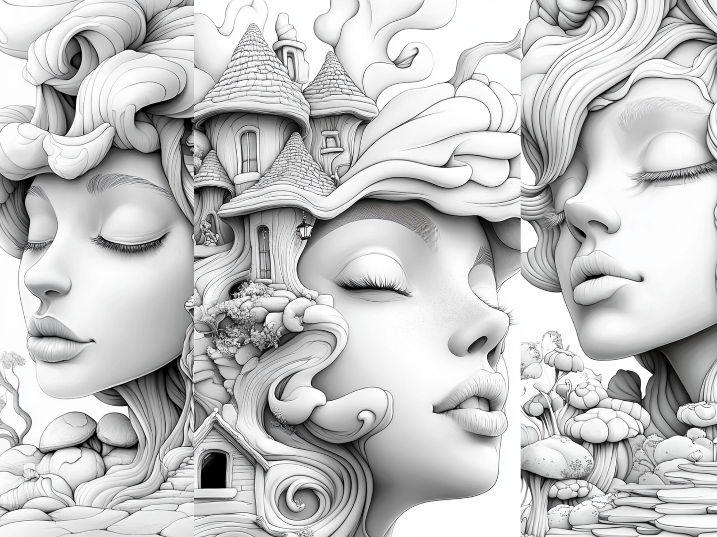 Faces House Coloring Page – Printable Coloring Page with Female Portraits (A4, Black & White)