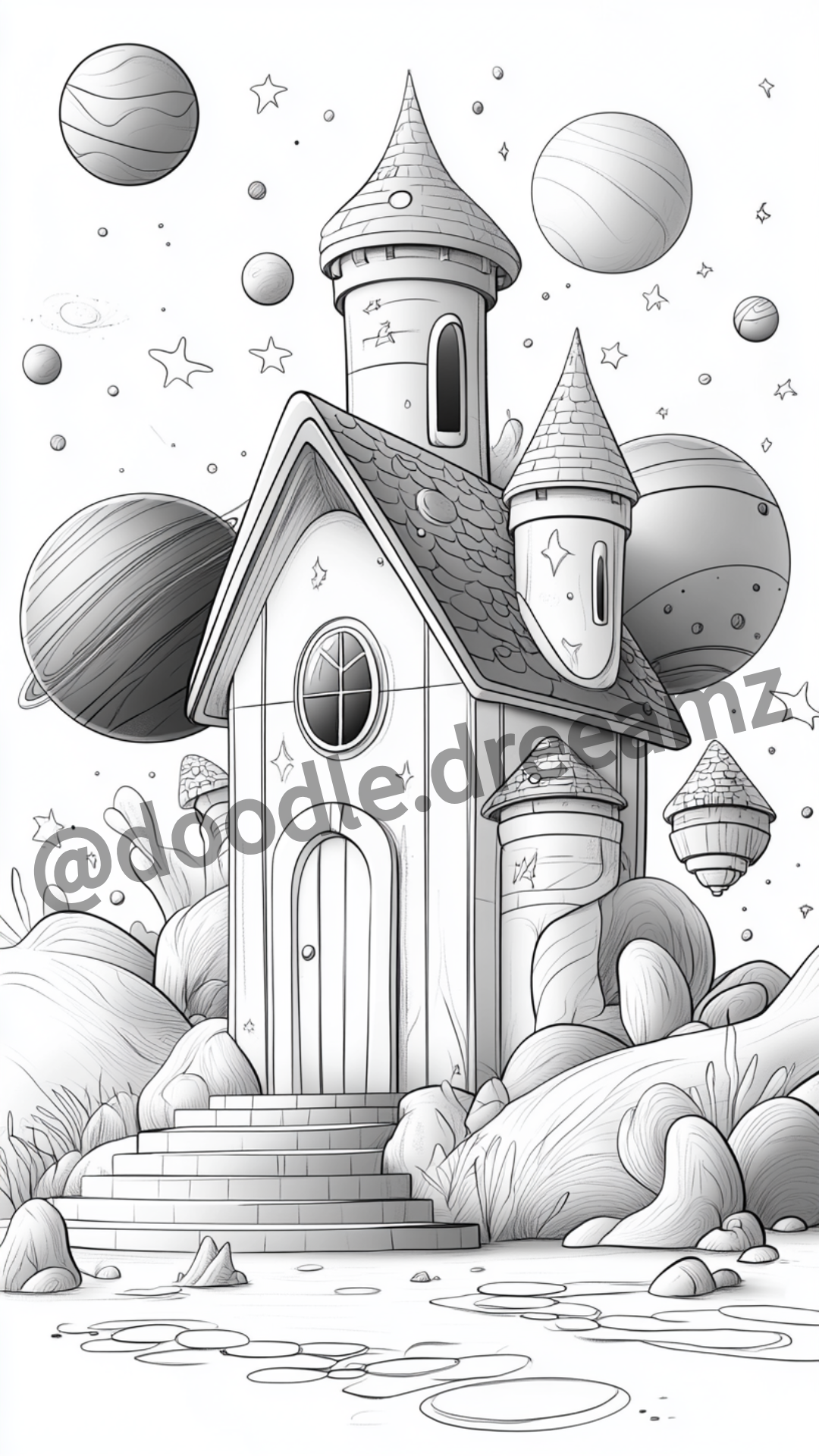 Space House Coloring Page – Printable (A4, Black & White PDF) by Wonder House
