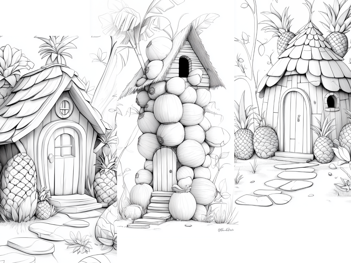 Tropical House Coloring Page – Printable (A4, Black & White PDF) by Wonder House