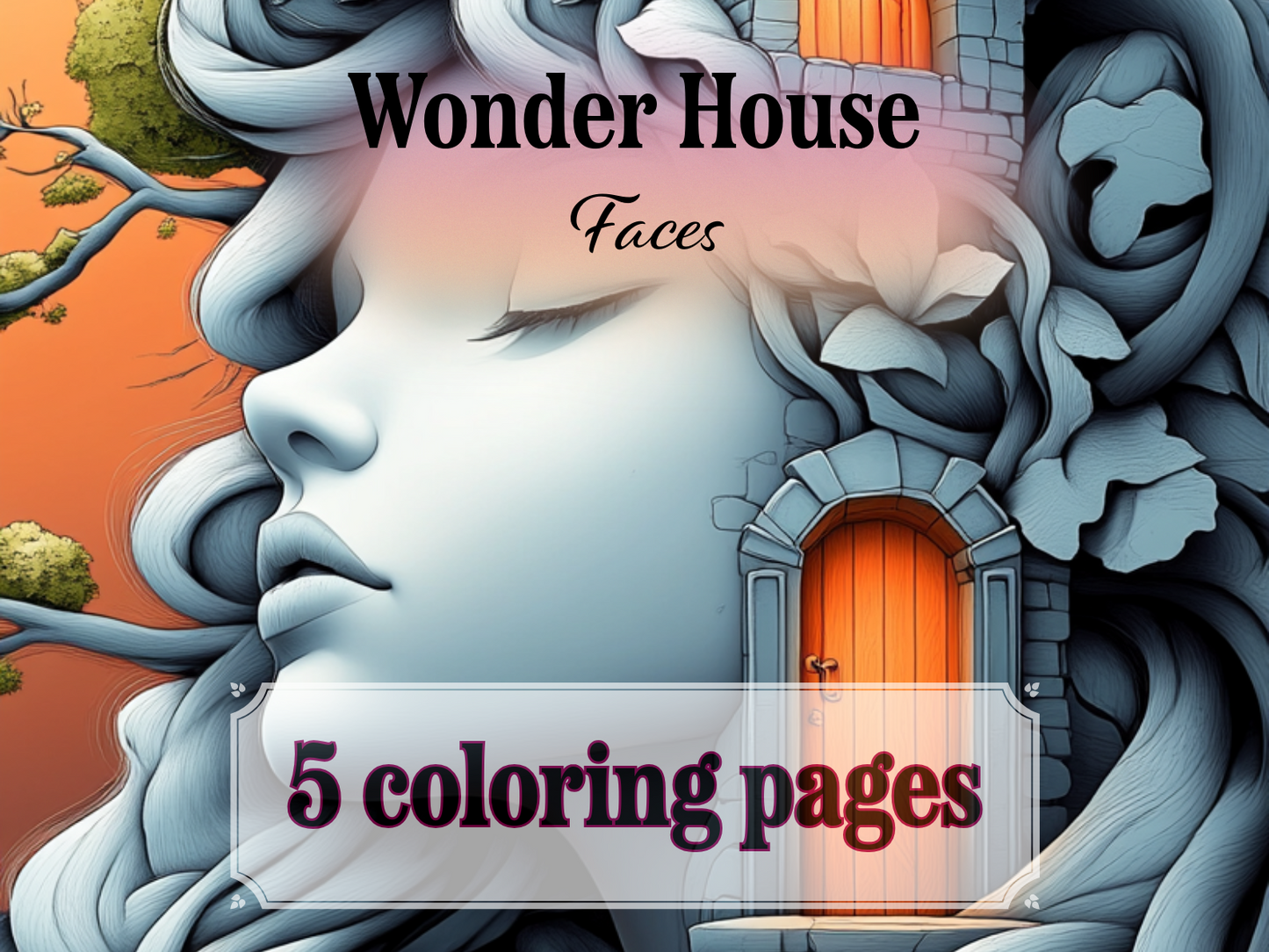Faces House Coloring Page – Printable Coloring Page with Female Portraits (A4, Black & White)