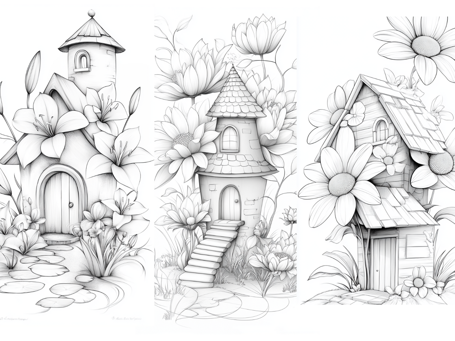 Mini Flowers House Coloring Page  – Printable (A4, Black & White PDF) by Wonder House