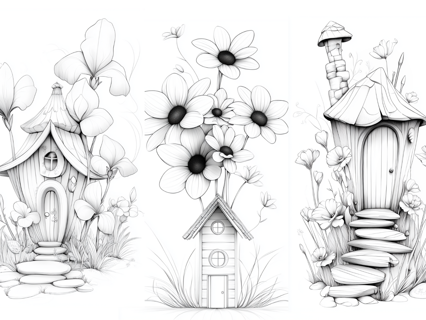 Mini Flowers House Coloring Page  – Printable (A4, Black & White PDF) by Wonder House