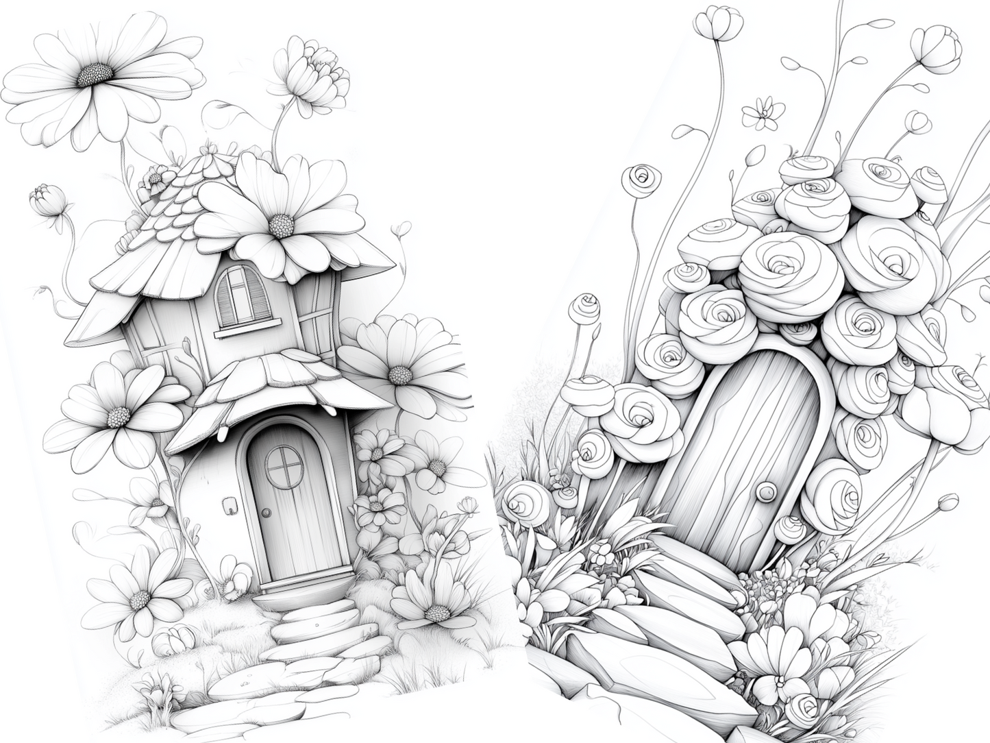 Mini Flowers House Coloring Page  – Printable (A4, Black & White PDF) by Wonder House
