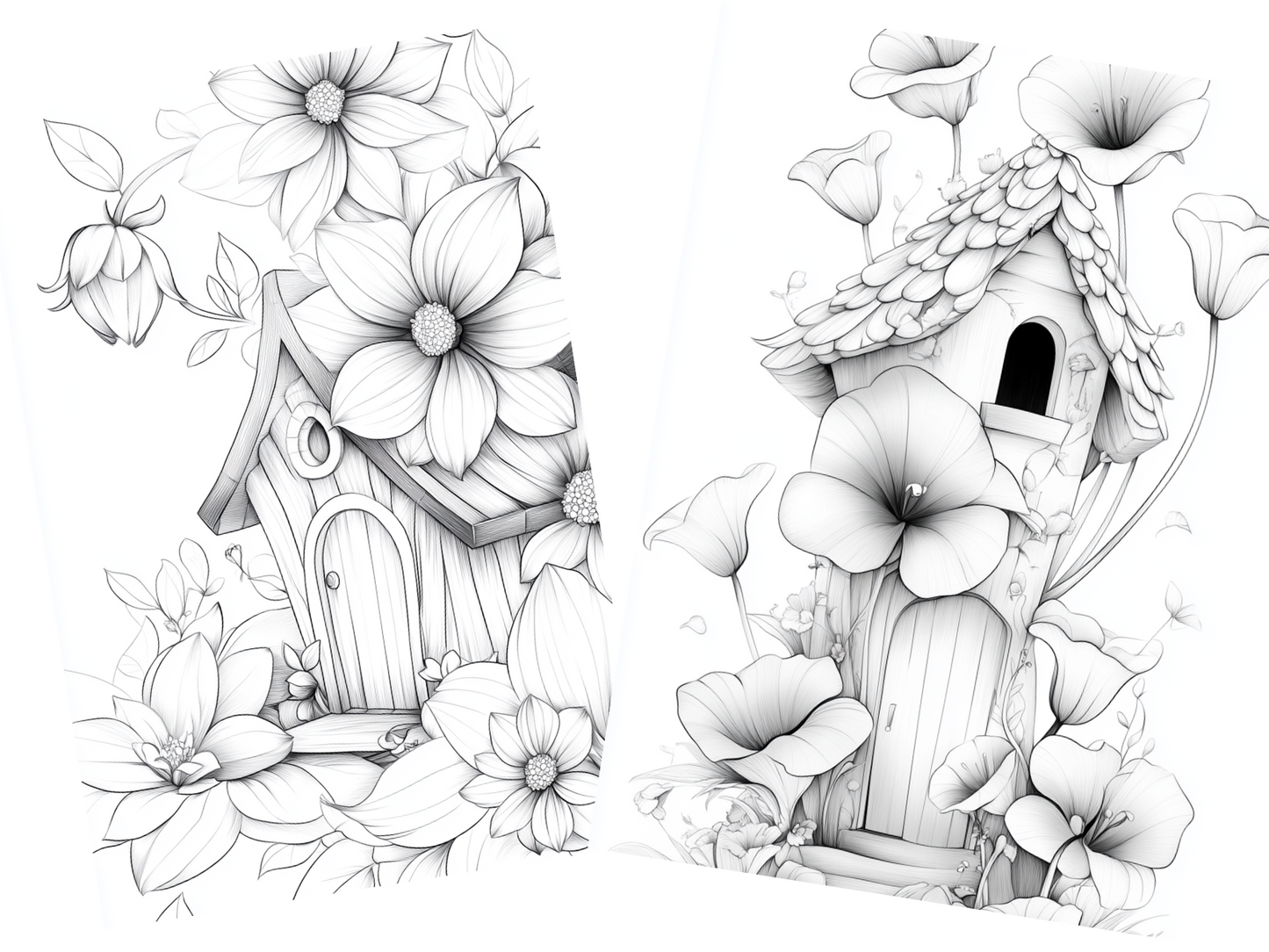 Mini Flowers House Coloring Page  – Printable (A4, Black & White PDF) by Wonder House
