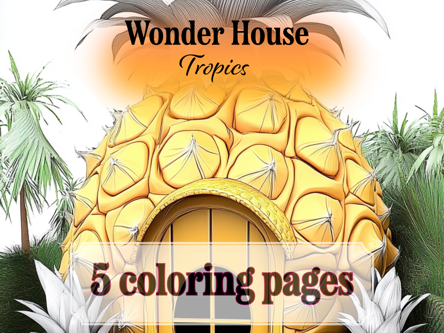 Tropical House Coloring Page – Printable (A4, Black & White PDF) by Wonder House