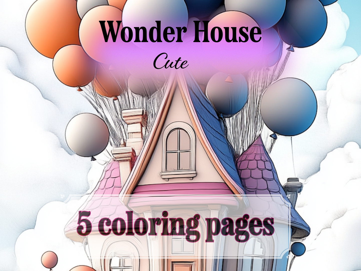 Cute House Coloring Page – Printable Bubbles, Spools & Balloons (A4, Black & White PDF)|Wonder House