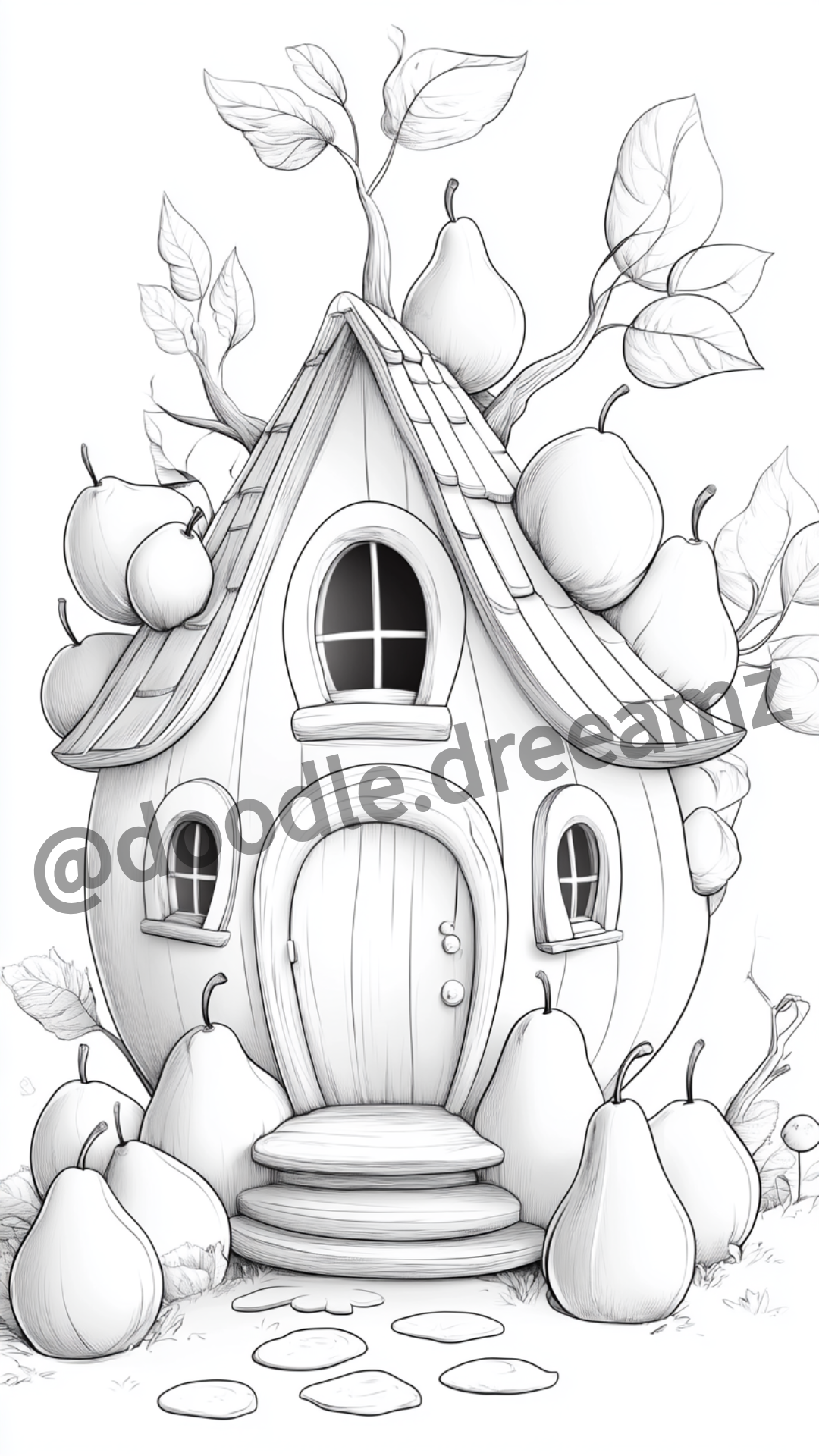 Fruit and Berry House Coloring Page  – Printable (A4, Black & White PDF) by Wonder House