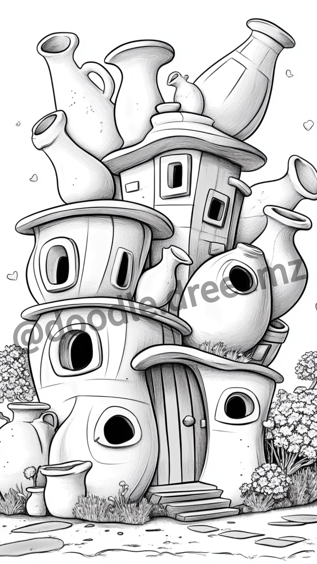 Dishes House Coloring Page – Homes Made from Cups, Plates & Jugs (A4 PDF)