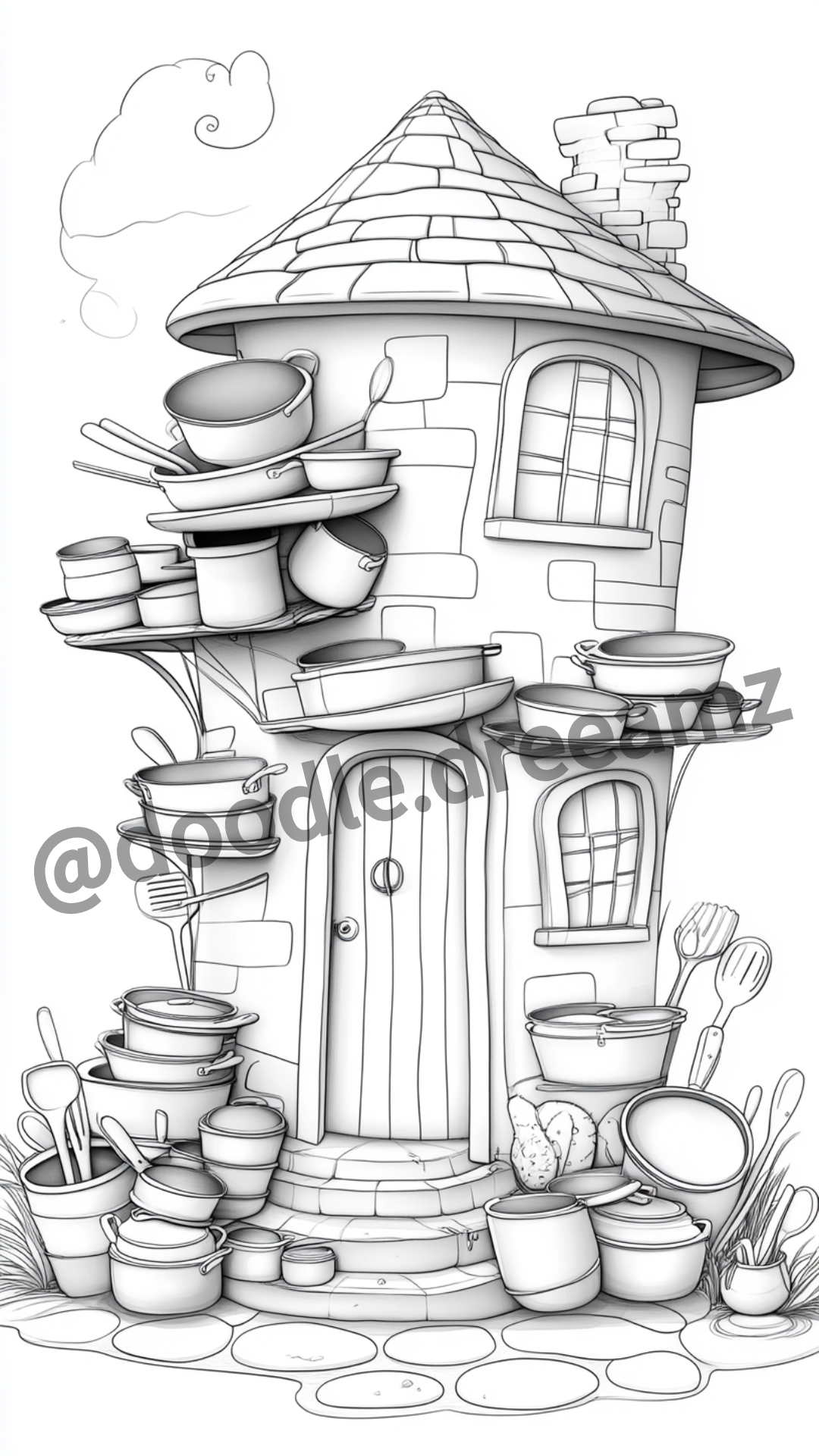 Dishes House Coloring Page – Homes Made from Cups, Plates & Jugs (A4 PDF)