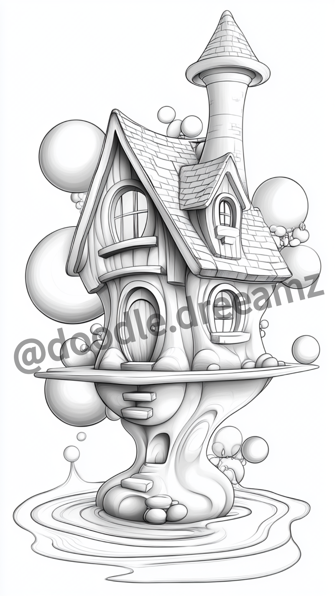 Cute House Coloring Page – Printable Bubbles, Spools & Balloons (A4, Black & White PDF)|Wonder House
