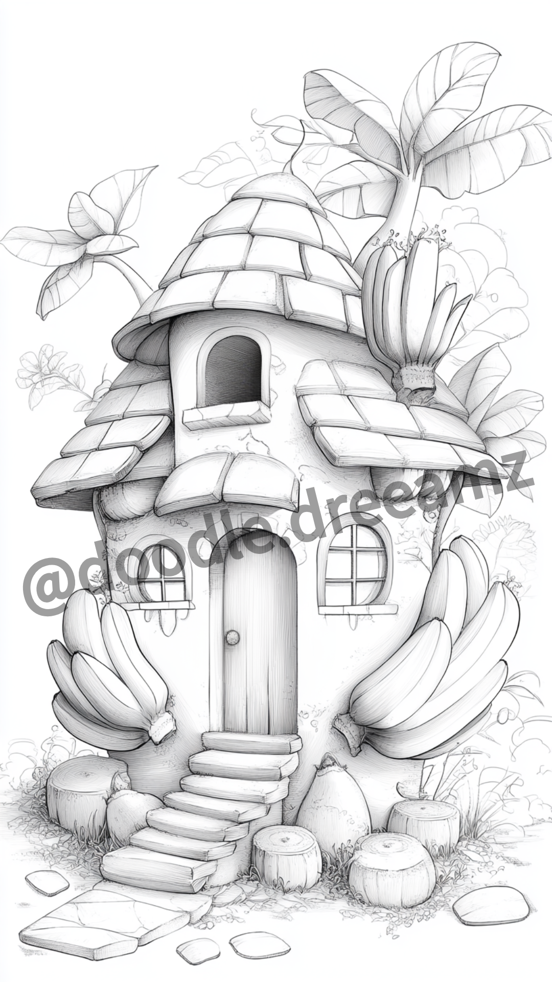 Tropical House Coloring Page – Printable (A4, Black & White PDF) by Wonder House