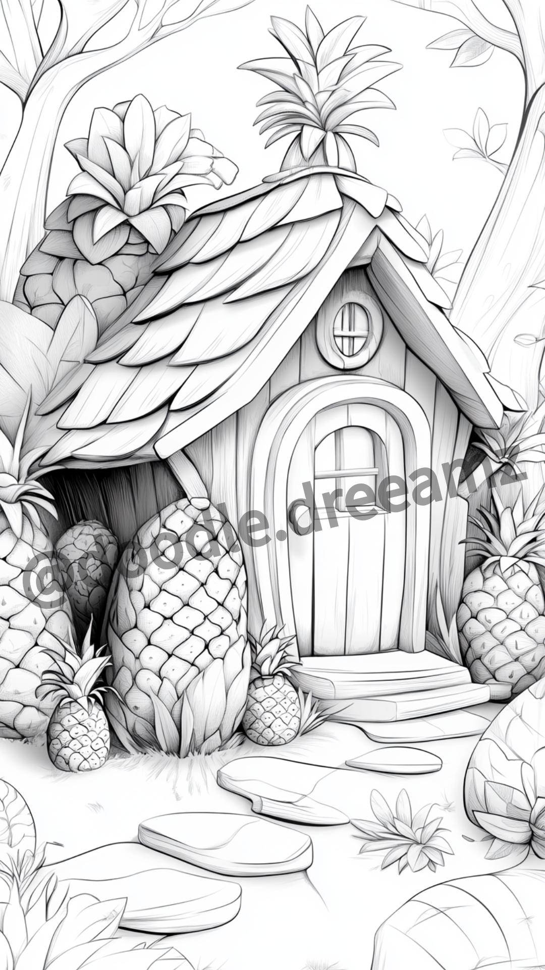 Tropical House Coloring Page – Printable (A4, Black & White PDF) by Wonder House