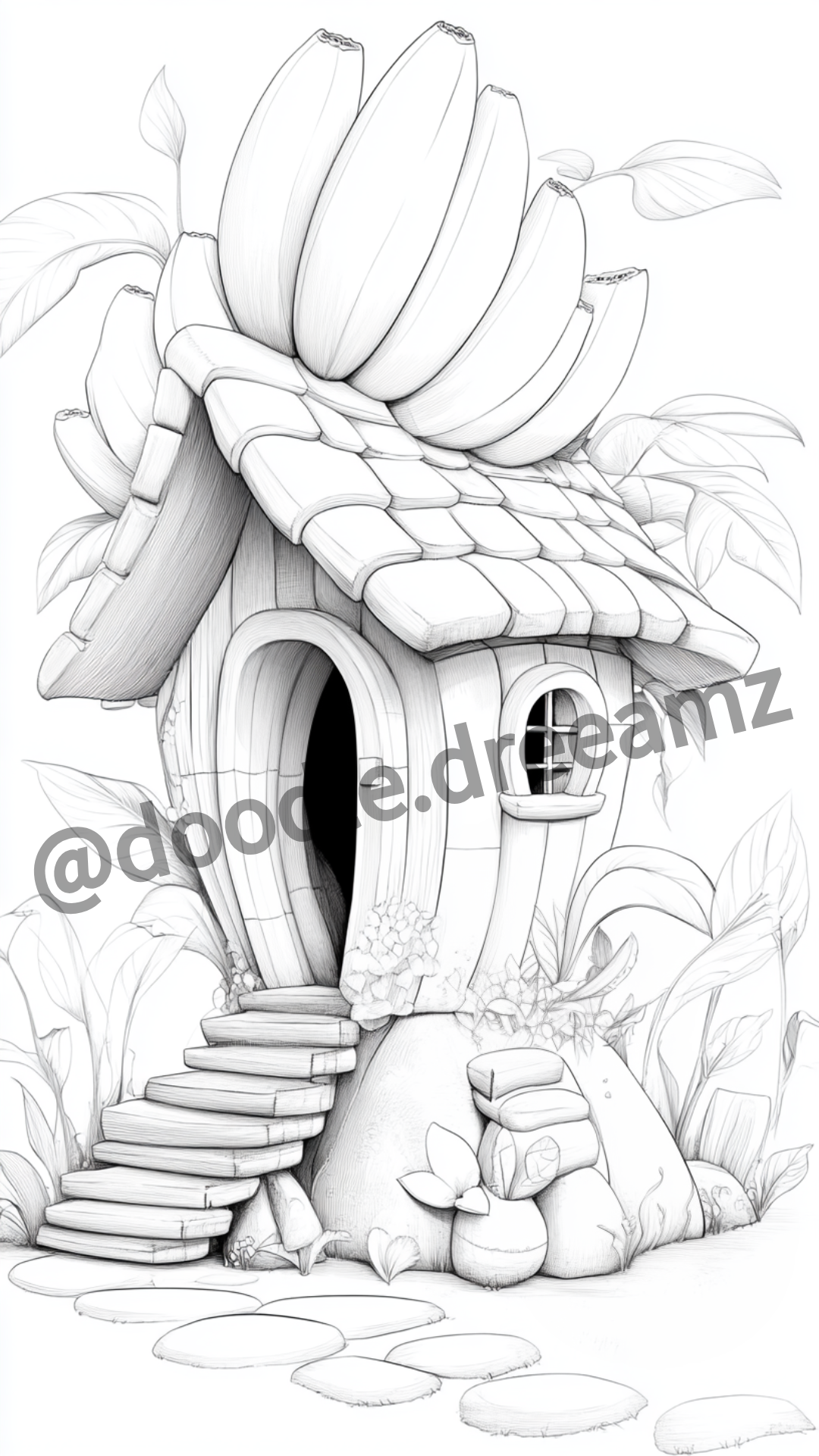 Tropical House Coloring Page – Printable (A4, Black & White PDF) by Wonder House