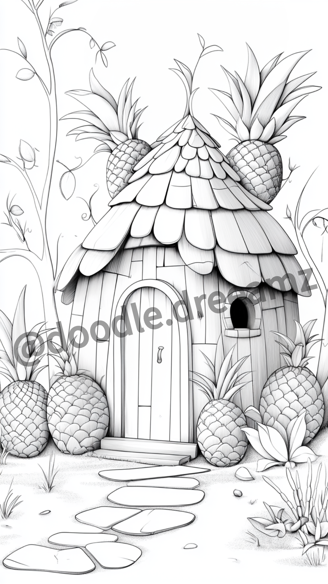 Tropical House Coloring Page – Printable (A4, Black & White PDF) by Wonder House