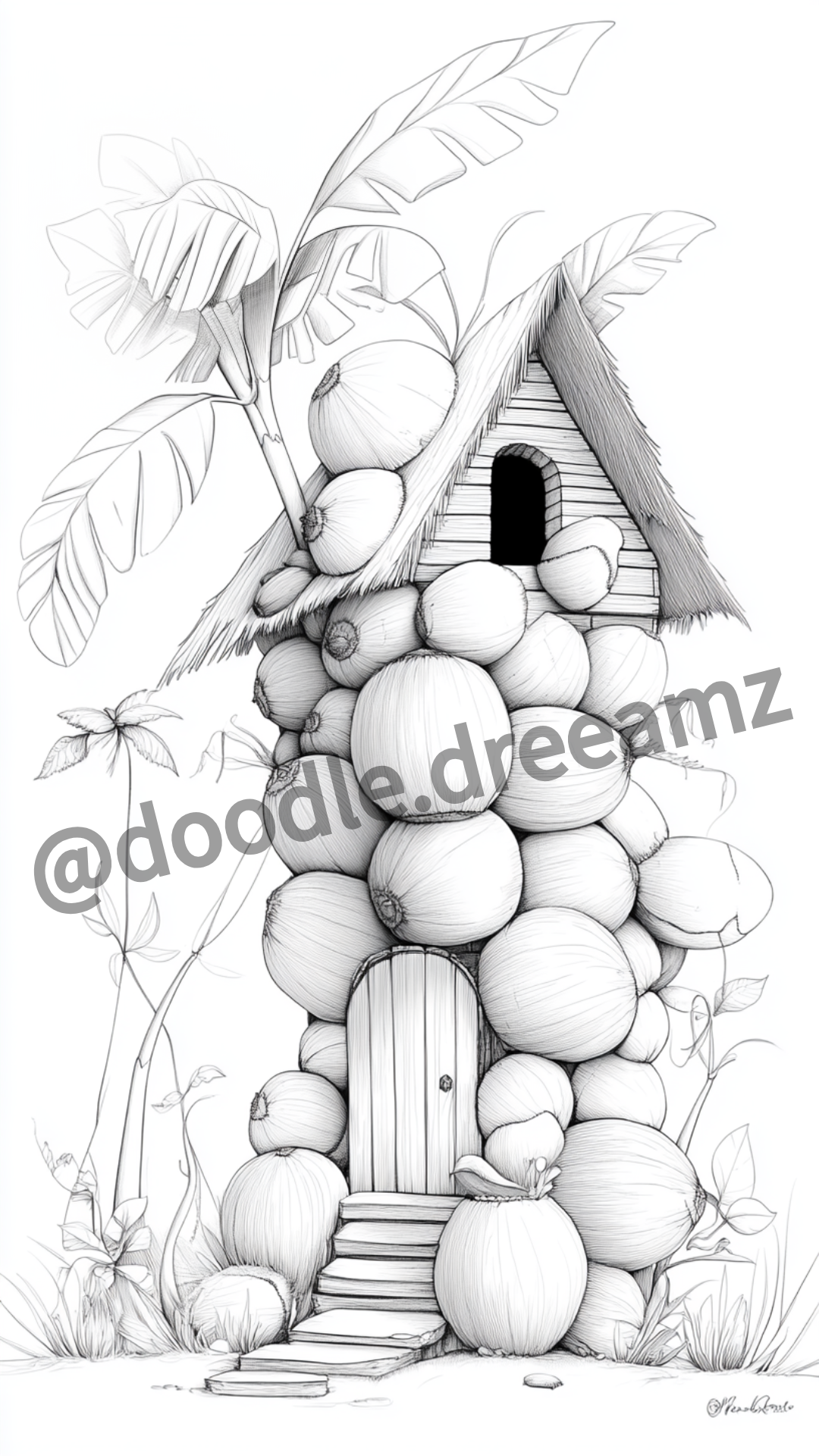 Tropical House Coloring Page – Printable (A4, Black & White PDF) by Wonder House